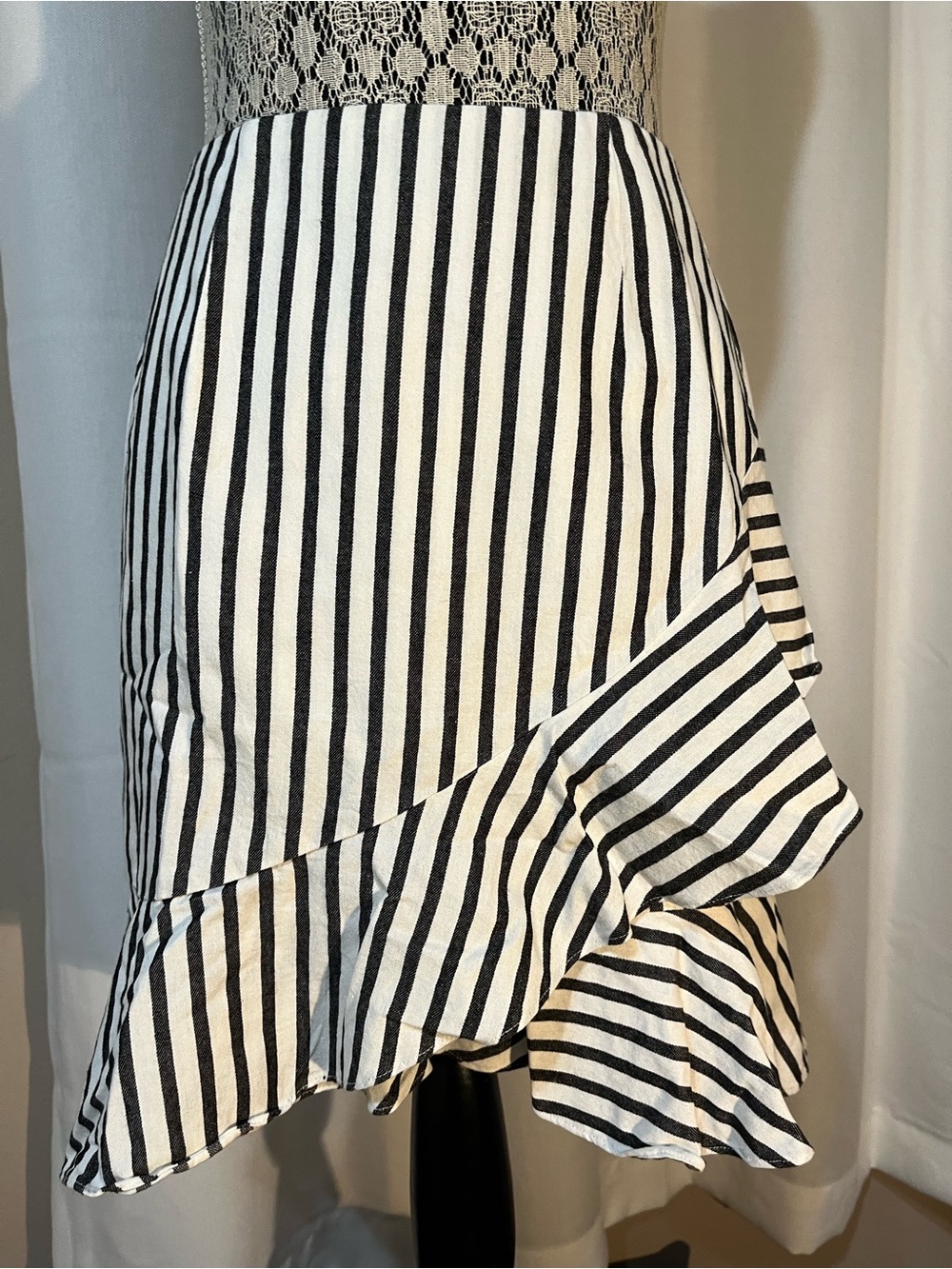 Anine Bing Black & White Asymmetrical Striped Ruffle Skirt
